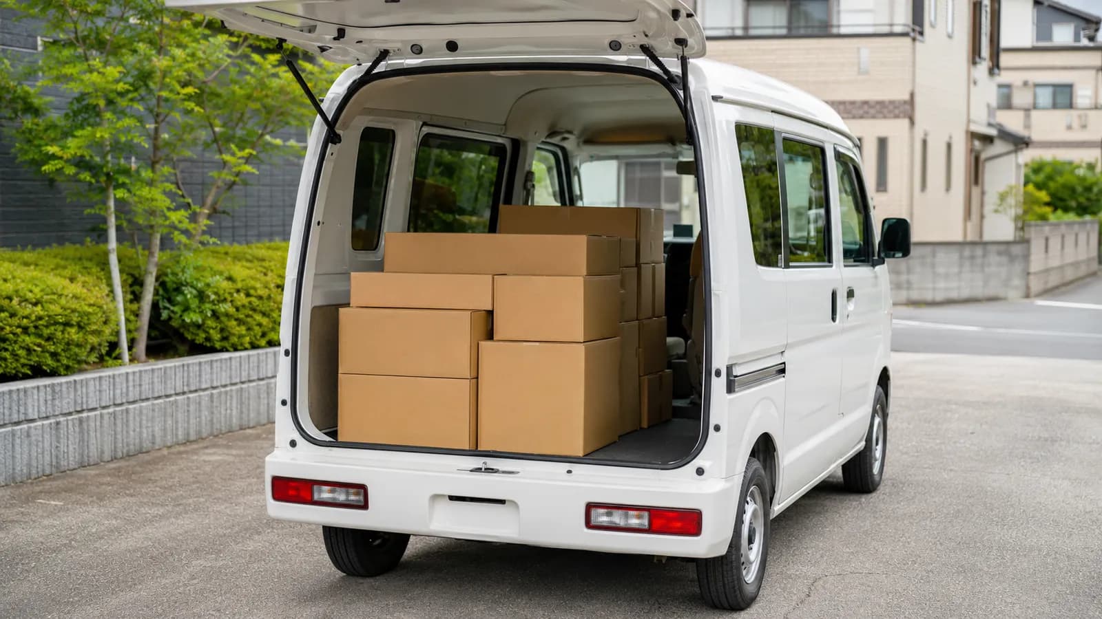 住宅街で後部ドアを開けて荷物を積んだ軽貨物車両