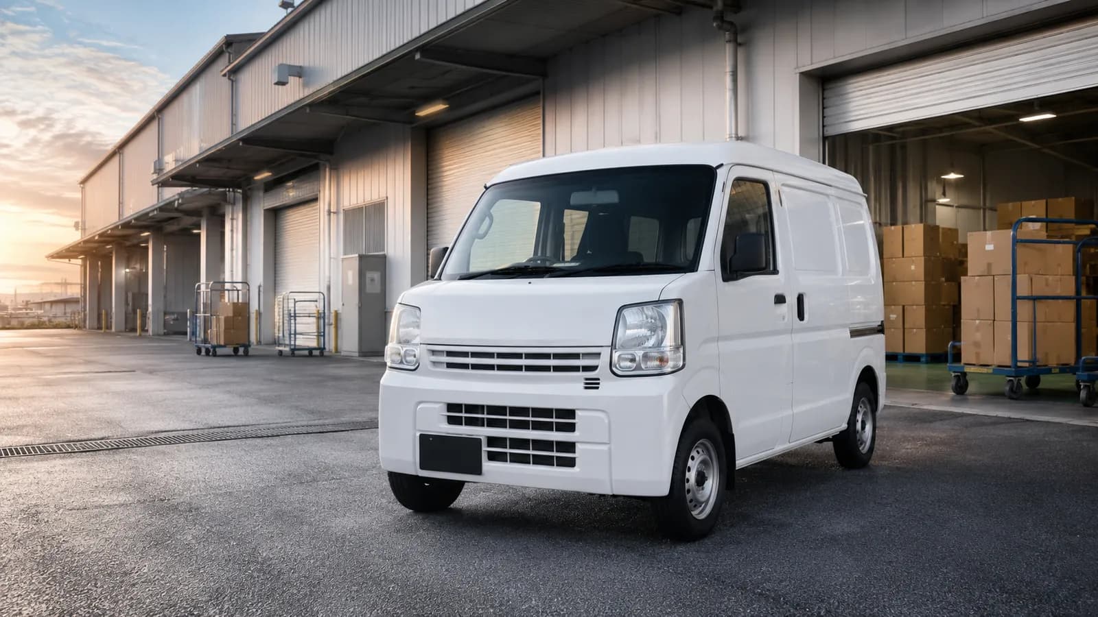 物流倉庫の積み込み口に停車する軽貨物車両と荷物