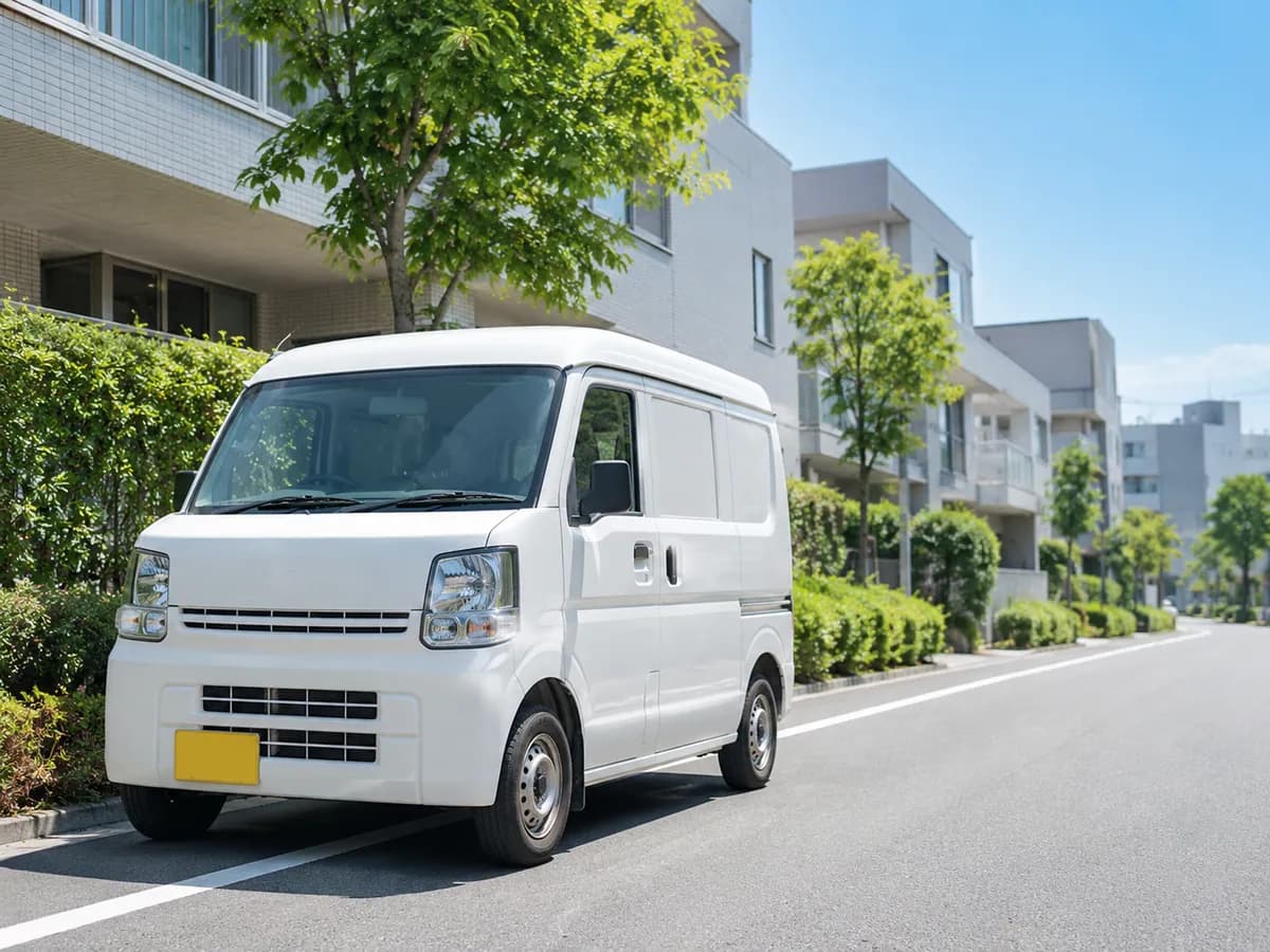 住宅街の道路に停車している軽貨物車両